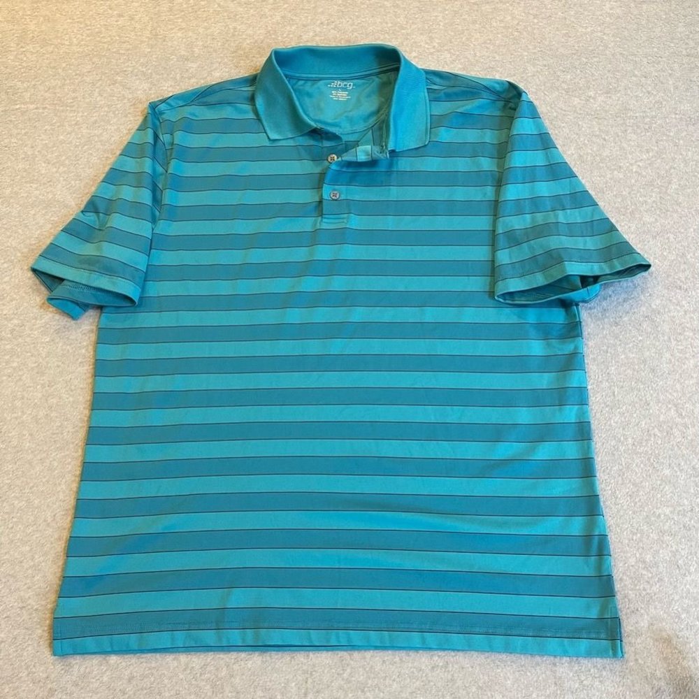 BCG Mens Polo‎ Shirt Blue Black Striped Short Sleeve Casual Top Sporty L